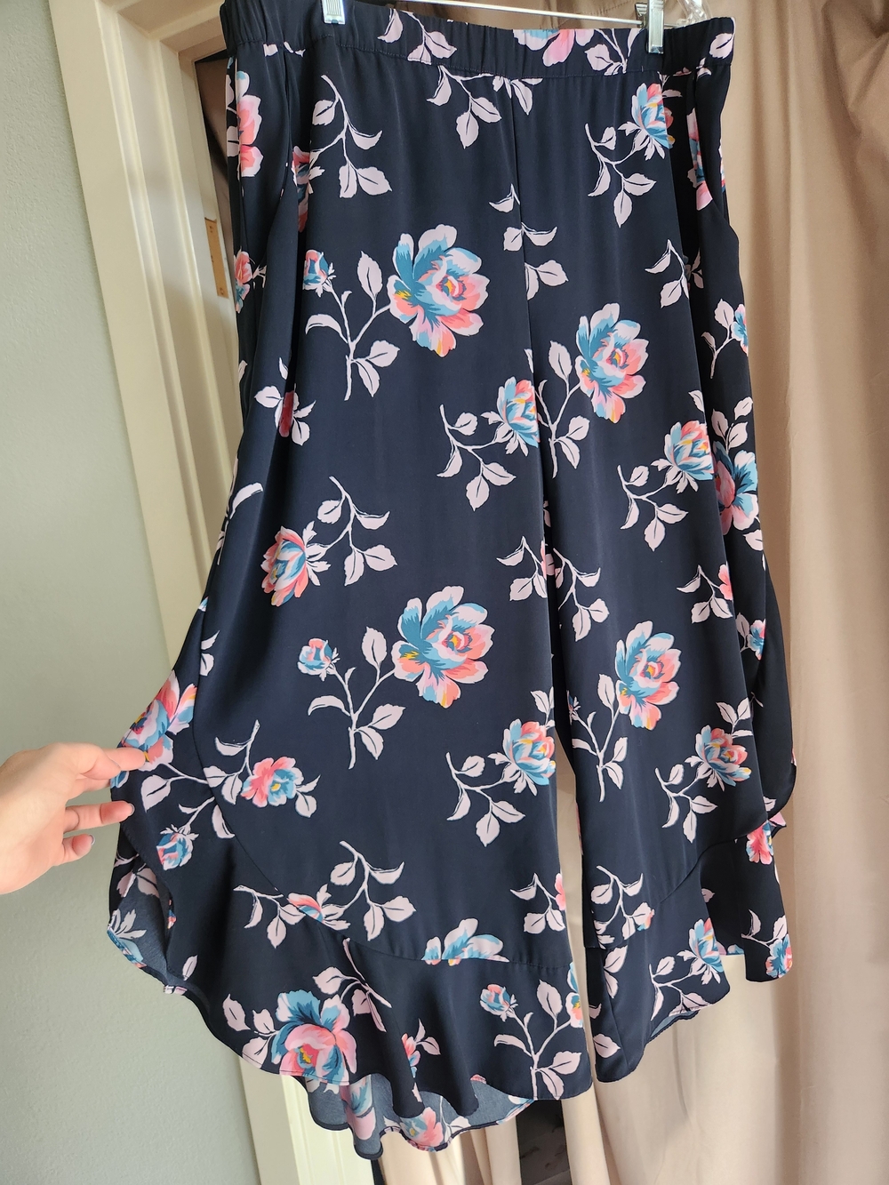 Wide Leg Floral Culottes in Navy with Pink & Blue Blooms